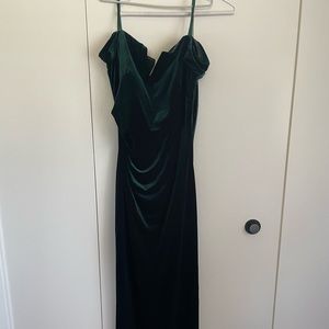 X By Xscape. Velvet green Off-The-Shoulder gown.